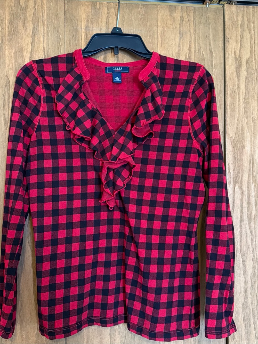 Chaps Red & Black Plaid Ruffle Long-Sleeve Top Medium